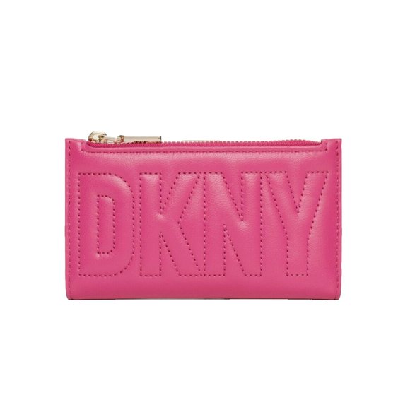 New DKNY Elsa Bifold Card Holder Small Wallet Leather Lipstick Pink - Picture 1 of 4